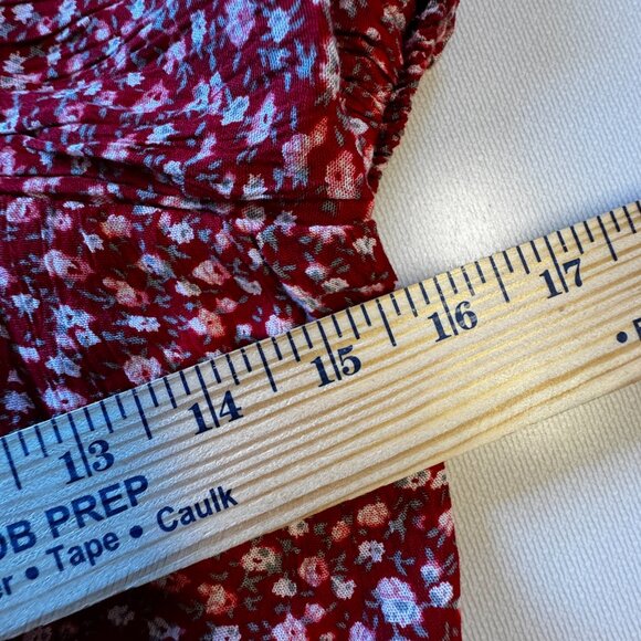 Sim & Sam Cropped Top Medium Red Ditsy Floral Smocked Waist Puff Sleeve Feminine - Picture 5 of 9